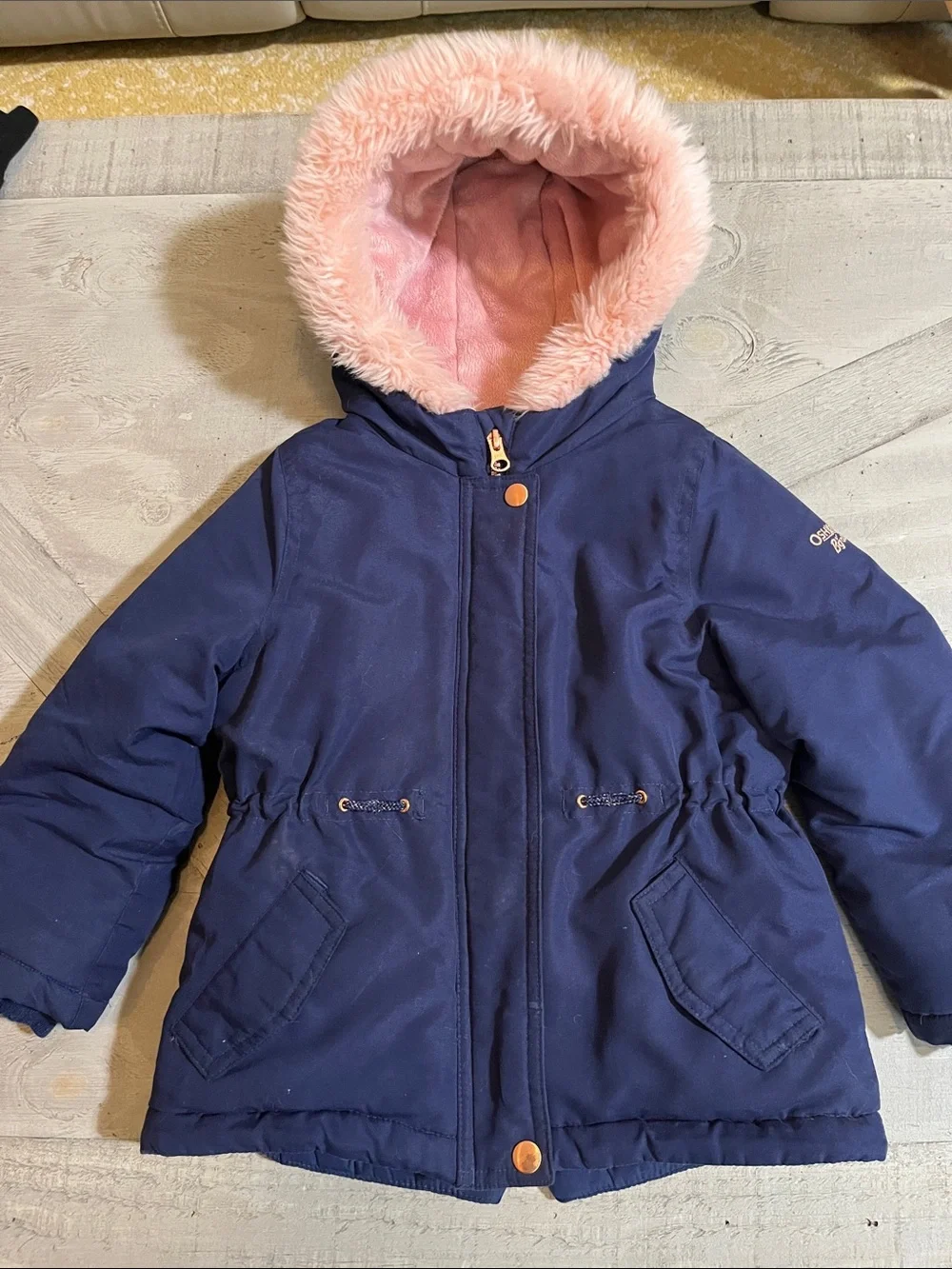 OshKosh B'gosh Navy Puffer Coat with Pink Faux-Fur Hood 4T Snap Pockets/Flap